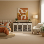 OnePaw Vesta modern bedroom with a bed, furniture style crate, and abstract painting on the wall.