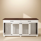 OnePaw Vesta white pet crate with wooden top on a beige background