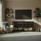 OnePaw Vesta living room with a TV mounted on the wall, a dog crate below it, and decorative elements.