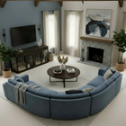 OnePaw Vesta modern living room with furniture style crate crate a blue sectional sofa, round coffee table, and fireplace.