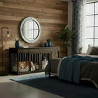 OnePaw Vesta modern bedroom with wooden wall, dog crate, and bed.