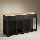 OnePaw Vesta black pet crate with wooden top on a beige background