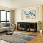 OnePaw Vesta living room with a furniture pet crate, sofa, coffee table, and decorative elements.