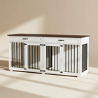 OnePaw Vesta white pet crate with wooden top and doors on a beige background