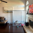 TK Products kennel in a Living room with a dog in a kennel, surrounded by furniture and decor.